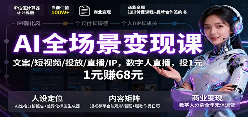 AI全场景变现课：文案/短视频/投放/直播/IP，数字人直播，投1元赚68元 - 轻创社