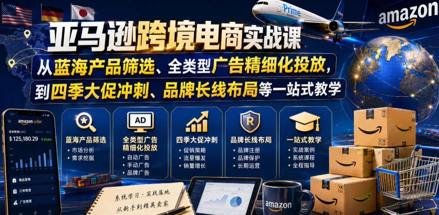 亚马逊跨境电商实战课，从蓝海产品筛选、全类型广告精细化投放，到四季大促冲刺、品牌长线布局等一站式教学(更新6月) - 轻创社