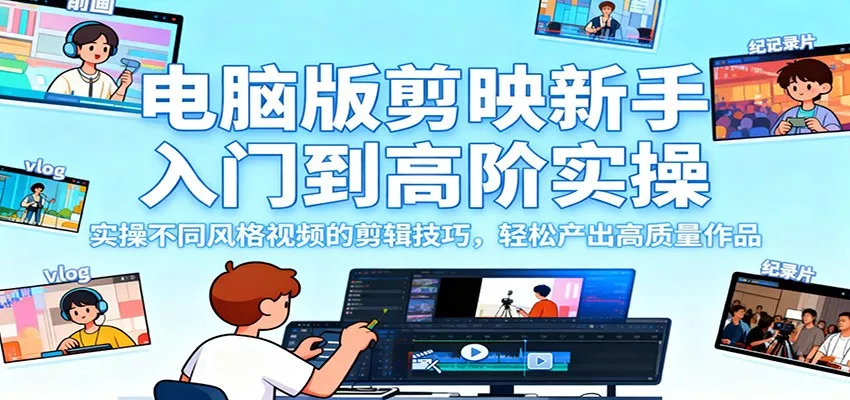 电脑版剪映新手入门到高阶实操，实操不同风格视频的剪辑技巧，轻松产出高质量作品 - 轻创社