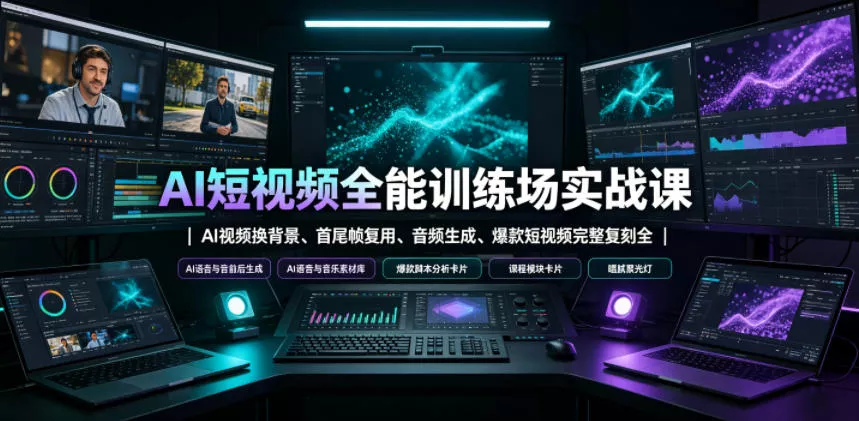 AI短视频全能训练场实战课｜AI视频换背景、首尾帧复用、音频生成、爆款短视频完整复刻全套实操教学 - 轻创社