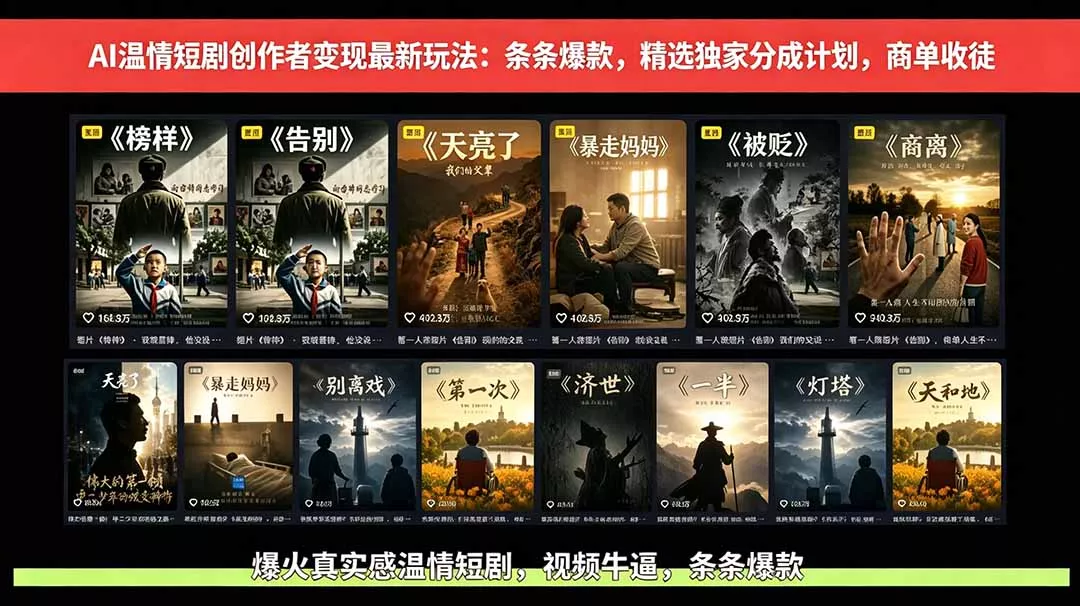 AI温情短剧创作者变现最新玩法：视频牛逼，条条爆款，精选独家分成计划，商单收徒 - 轻创社