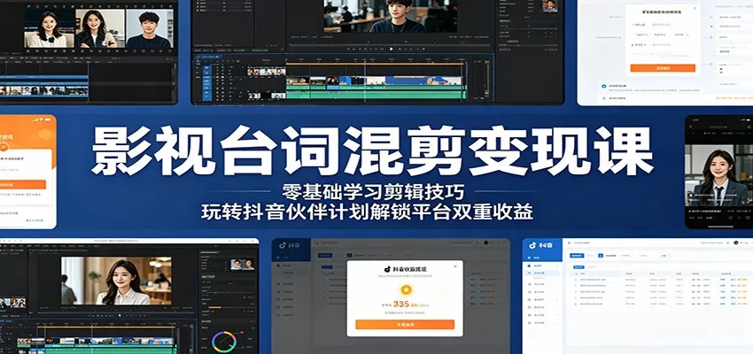 影视台词混剪变现课:零基础学习剪辑技巧,玩转抖音伙伴计划解锁平台双重收益 - 轻创社
