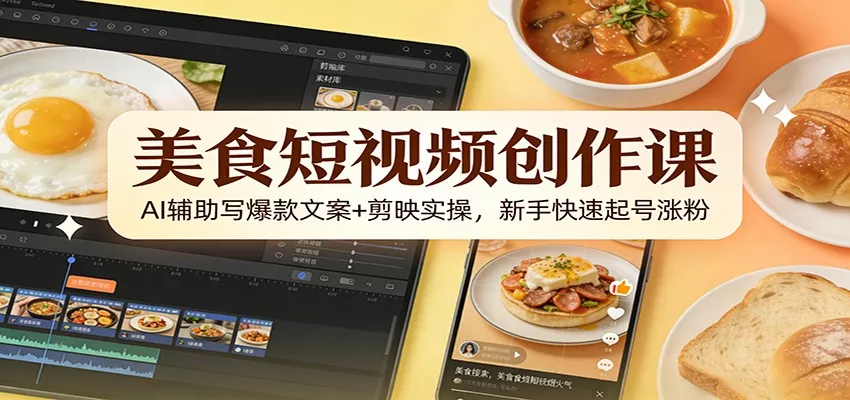 美食短视频创作课：AI辅助写爆款文案+剪映实操，新手快速起号涨粉 - 轻创社