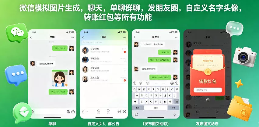 微信模拟图片生成，聊天，单聊群聊，发朋友圈，自定义名字头像，转账红包等所有功能都可以生成 - 轻创社