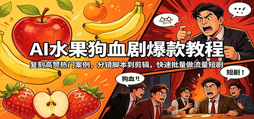 AI水果狗血剧爆款教程：复刻高赞热门案例，分镜脚本到剪辑，快速批量做流量短剧 - 轻创社