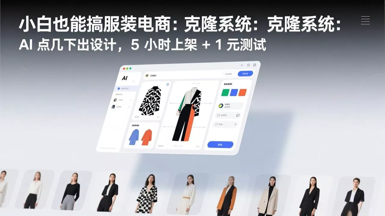 小白也能搞服装电商:克隆系统:AI 点几下出设计,5 小时上架 + 1 元测试 小白也能搞服装电商:克隆系统:AI 点几下出设计,5 小时上架 + 1 元测试