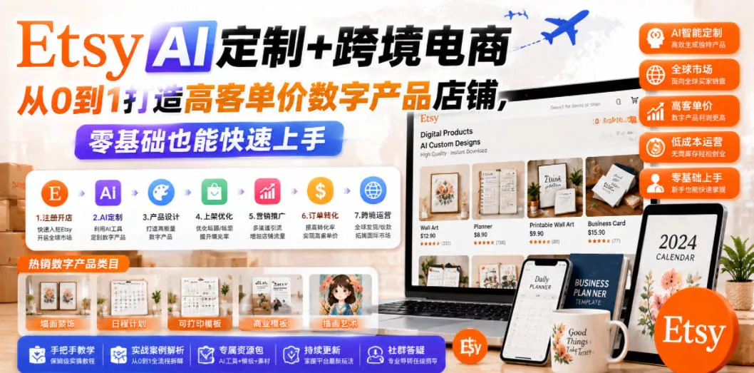 Etsy AI定制+跨境电商，从0到1打造高客单价数字产品店铺，零基础也能快速上手 - 轻创社