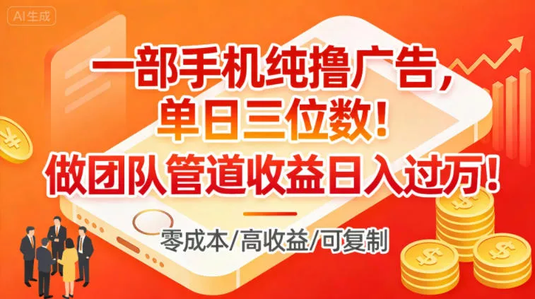 一部手机纯撸广告，单日三位数，做团队管道收益日入过1W - 轻创社