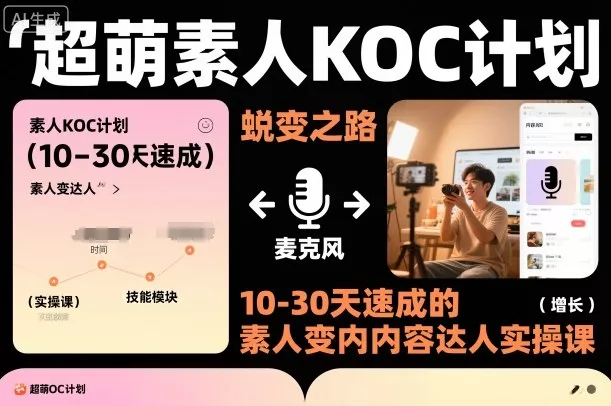 超萌素人KOC计划，10-30天速成的素人变内容达人实操课，适合想做短剧小说推文电商推广的素人入局 - 轻创社