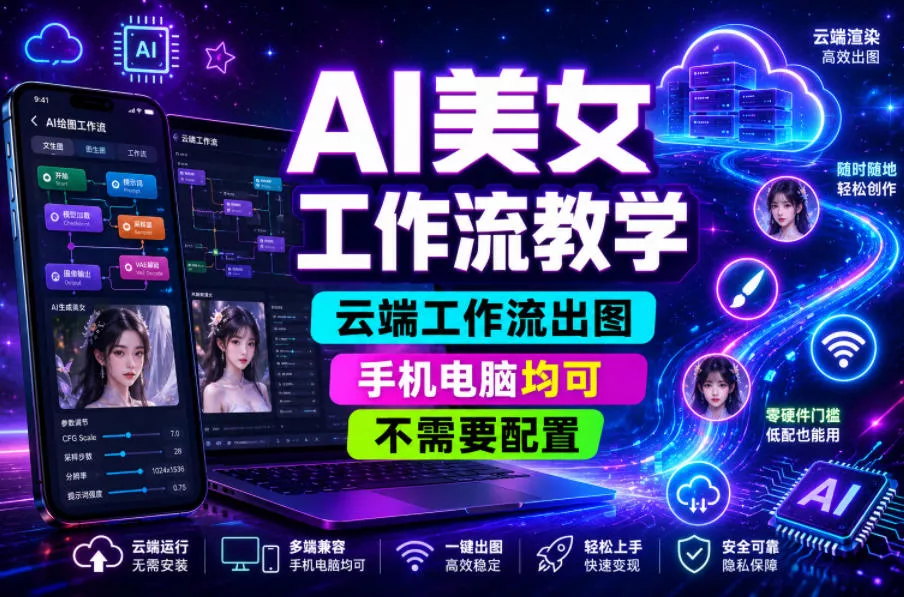 AI美女工作流教学，云端工作流出图，手机电脑均可，不需要配置，快速起号涨粉 - 轻创社