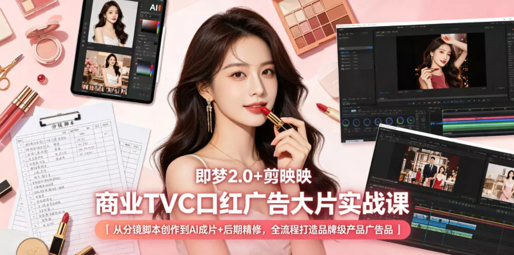 即梦2.0+剪映商业TVC口红广告大片实战课｜从分镜脚本创作到AI成片+后期精修，全流程打造品牌级产品广告 - 轻创社