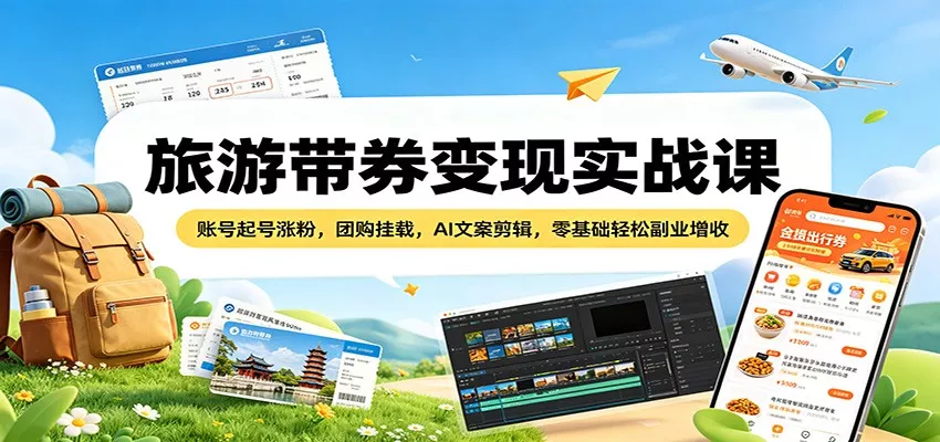 旅游带券变现实战课：账号起号涨粉，团购挂载，AI文案剪辑，零基础轻松副业增收 - 轻创社