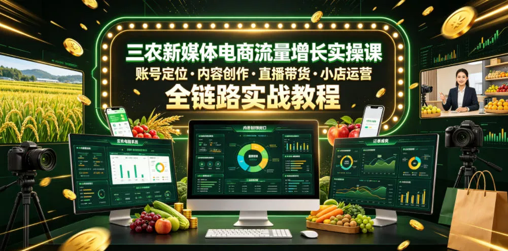 三农新媒体电商流量增长实操课，账号定位・内容创作・直播带货・小店运营，全链路实战教程 - 轻创社