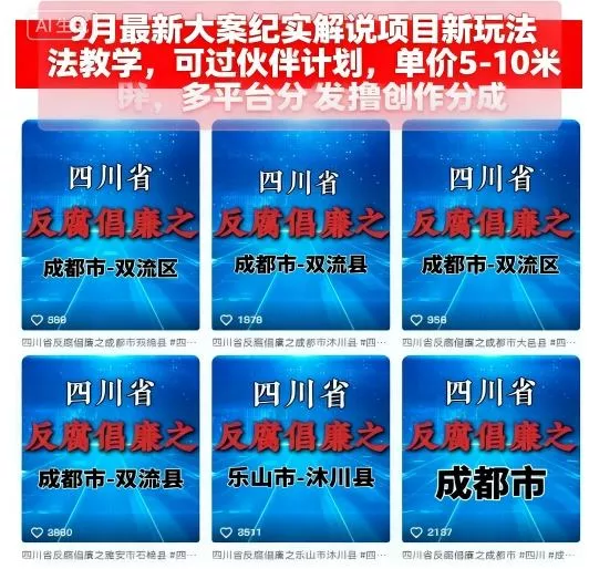 9月最新大案纪实解说项目新玩法教学，可过伙伴计划，单价5-10米，多平台分发撸创作分成 - 轻创社