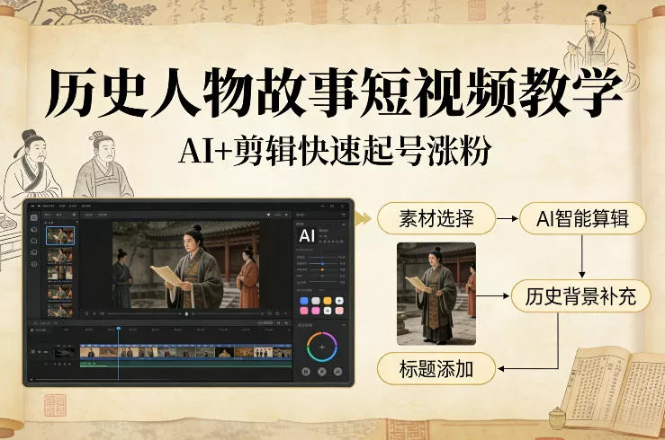 历史人物故事短视频教学，AI+剪辑制作历史人物题材短视频，快速起号涨粉 - 轻创社