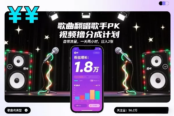 歌曲翻唱歌手PK视频撸分成计划，自带流量，一天两小时，日入2张 - 轻创社