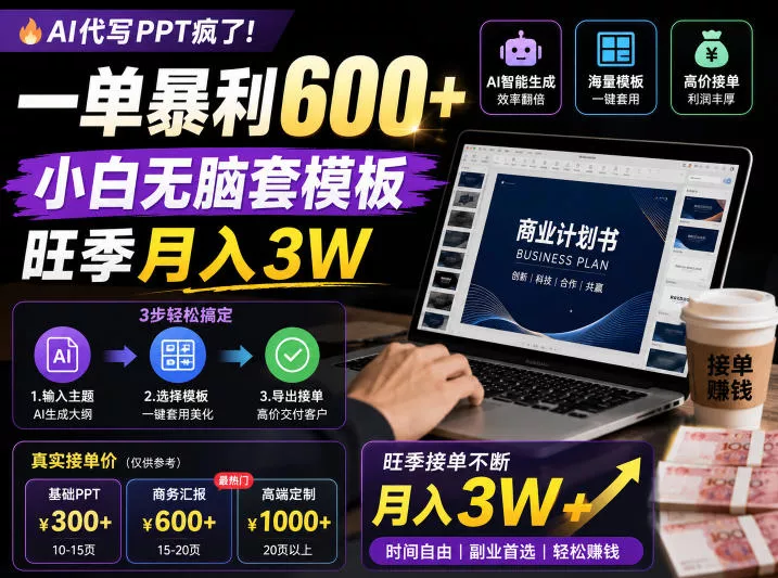 AI代写PPT疯了！一单暴利600+，小白无脑套模板，旺季月入3W，不用苦哈哈引流【揭秘】 - 轻创社