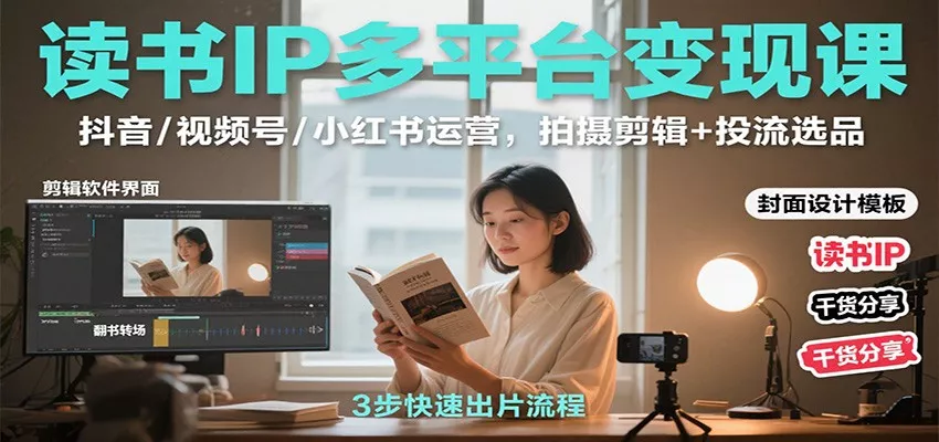 读书IP多平台变现课：抖音/视频号/小红书运营，拍摄剪辑+投流选品 - 轻创社