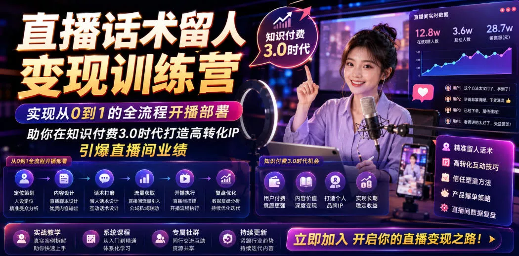 直播话术留人变现训练营，实现从0到1的全流程开播部署，助你在知识付费3.0时代打造高转化IP，引爆直播间业绩 - 轻创社