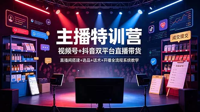 主播特训营：视频号+抖音双平台直播带货，直播间搭建+选品+话术+开播全流程系统教学 - 轻创社
