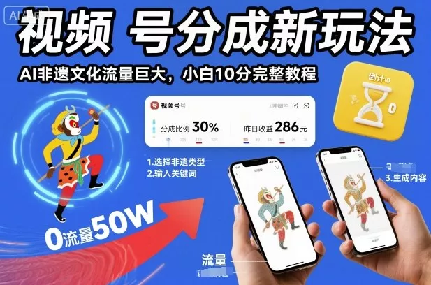 视频号分成新玩法,AI非遗文化流量巨大,小白10分钟搞定,完整教程