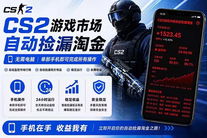 无需电脑全天挂机，一部手机即可完成的CS2市场自动捡漏淘金，包教包会，日入300+ - 轻创社