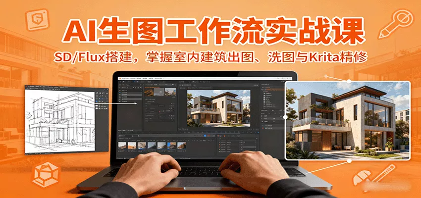 AI生图工作流实战课：SD/Flux搭建，掌握室内建筑出图、洗图与Krita精修 - 轻创社