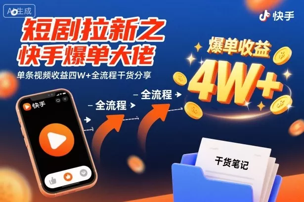 短剧拉新之快手爆单大佬单条视频收益四W+全流程干货分享 - 轻创社