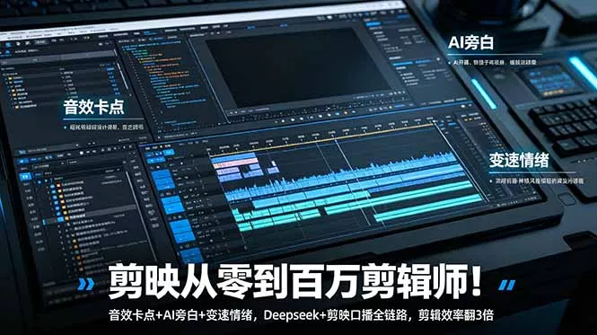 剪映从零到百万剪辑师！音效卡点+AI旁白+变速情绪，Deepseek+剪映口播全链路，剪辑效率翻3倍 - 轻创社