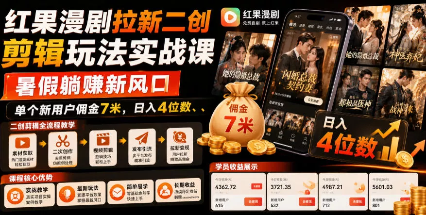 红果漫剧拉新二创剪辑玩法实战课，暑假躺賺新风口，单个新用户佣金7米，日入4位数 - 轻创社