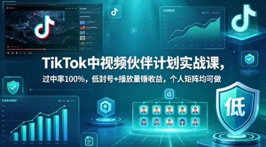 TikTok中视频伙伴计划实战课，过中率100%，低封号+播放量賺收益，个人矩阵均可做 - 轻创社