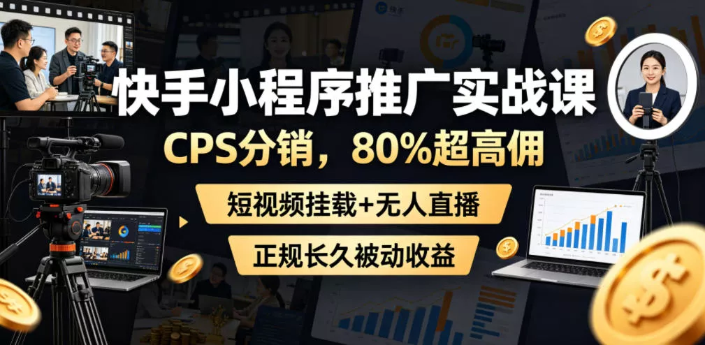 快手小程序推广实战课，CPS分销，80%超高佣，短视频挂载+无人直播，正规长久被动收益 - 轻创社