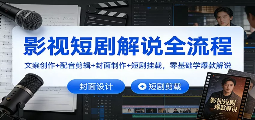 影视短剧解说全流程：文案创作+配音剪辑+封面制作+短剧挂载，零基础学爆款解说 - 轻创社
