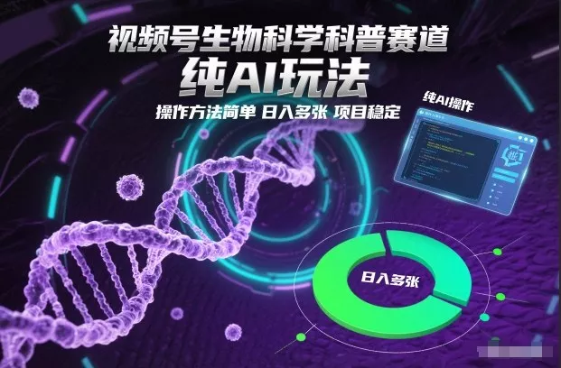 视频号生物科学科普赛道，纯AI玩法，操作方法简单，日入多张，项目稳定 - 轻创社