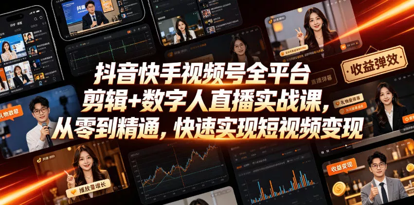 抖音快手视频号全平台剪辑+数字人直播实战课，从零到精通，快速实现短视频变现(更新2026年6月) - 轻创社