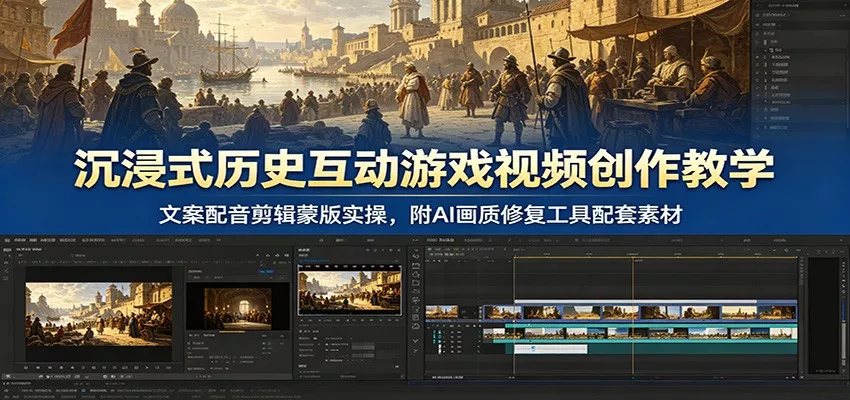 沉浸式历史互动游戏视频创作教学：文案配音剪辑蒙版实操，附AI画质修复工具配套素材 - 轻创社