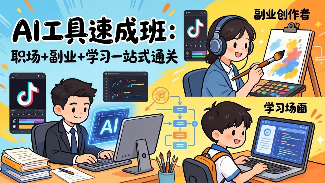 AI工具速成班：职场+副业+学习一站式通关，20+爆款类型+剪映技巧+抖音算法，0基础快速上手 - 轻创社