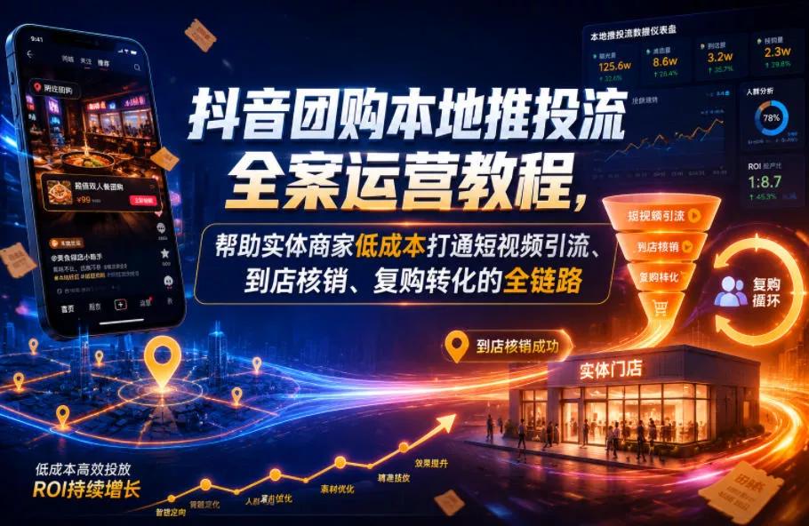 抖音团购本地推投流全案运营教程，帮助实体商家低成本打通短视频引流、到店核销、复购转化的全链路 - 轻创社