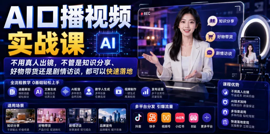 AI口播视频实战课，不用真人出镜，不管是知识分享、好物带货还是剧情访谈，都可以快速落地 - 轻创社