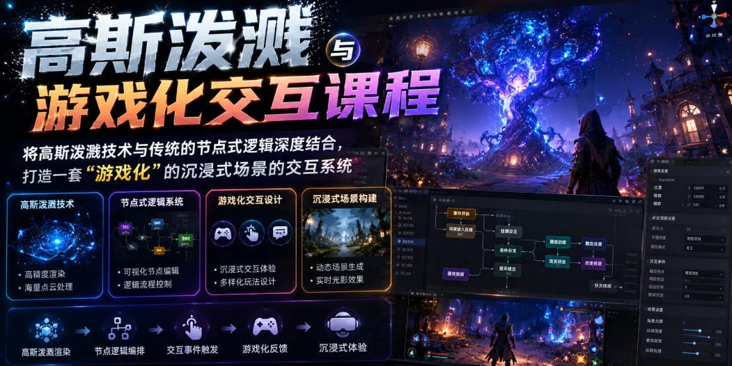 高斯泼溅与游戏化交互课程，将高斯泼溅技术与传统的节点式逻辑深度结合，打造一套“游戏化”的沉浸式场景的交互系统 - 轻创社