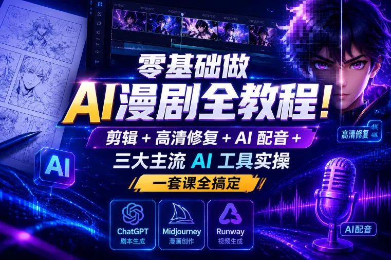零基础做AI漫剧全教程！剪辑+高清修复+AI配音+三大主流AI工具实操，一套课全搞定 - 轻创社