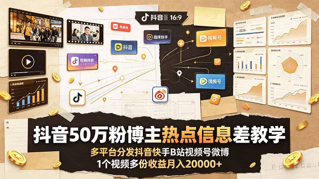 抖音50万粉博主热点信息差教学：多平台分发抖音快手B站视频号微博，1个视频多份收益月入20000+ - 轻创社