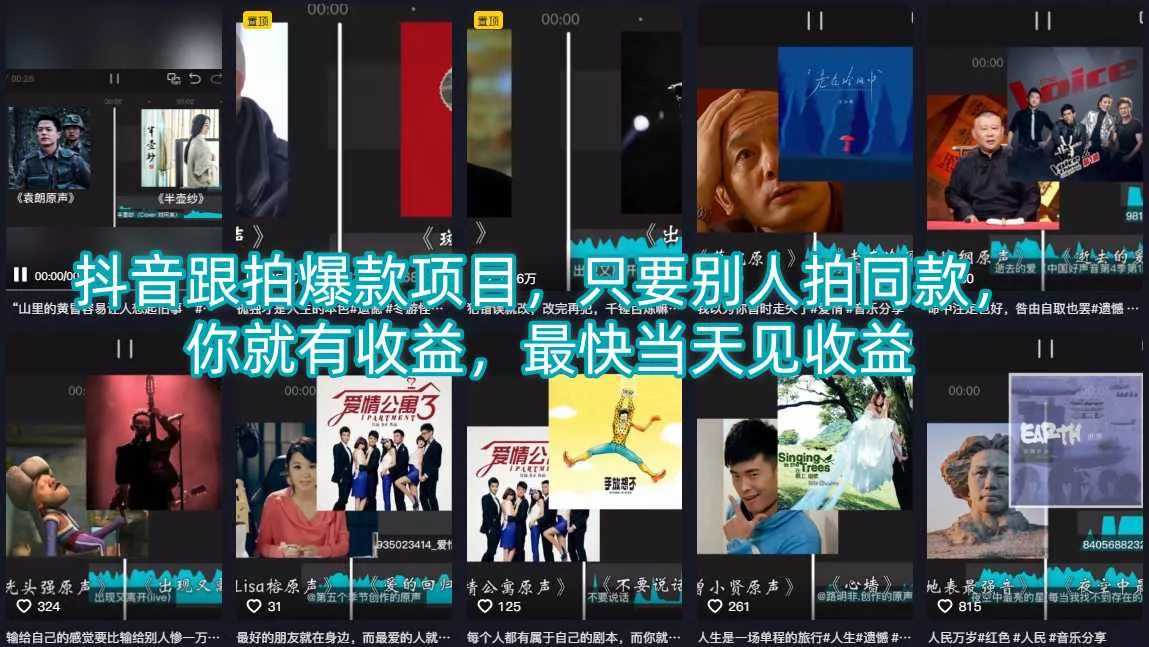 抖音跟拍爆款项目，只要别人拍同款，你就有收益，最快当天见收益 - 轻创社