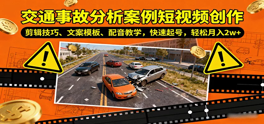 交通事故分析案例短视频创作，剪辑技巧、文案模板、配音教学，快速起号，轻松月入2w+ - 轻创社