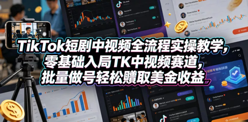 TikTok短剧中视频全流程实操教学，零基础入局TK中视频赛道，批量做号轻松賺取美金收益 - 轻创社