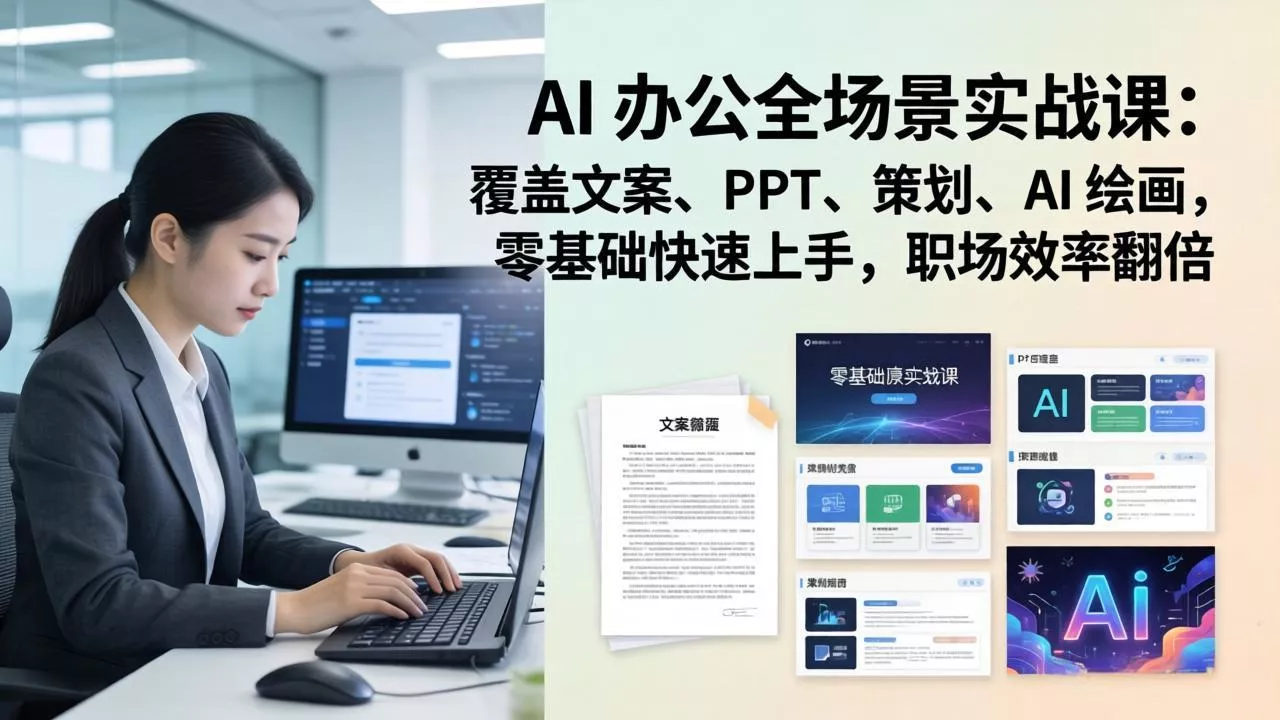 AI 办公全场景实战课：覆盖文案、PPT、策划、AI 绘画，零基础快速上手，职场效率翻倍 - 轻创社