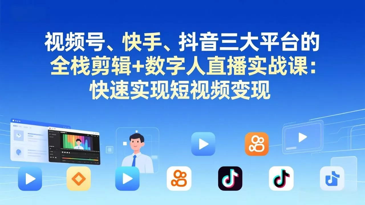 视频号+快手+抖音三大平台的全栈剪辑+数字人直播实战课-3月更新：快速实现短视频变现 - 轻创社