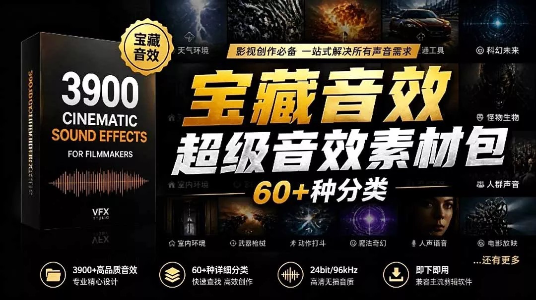 宝藏音效合集包！60+多种音效分类，共计3900个，分类清晰，全中文分类，高品质剪辑音效素材包 - 轻创社