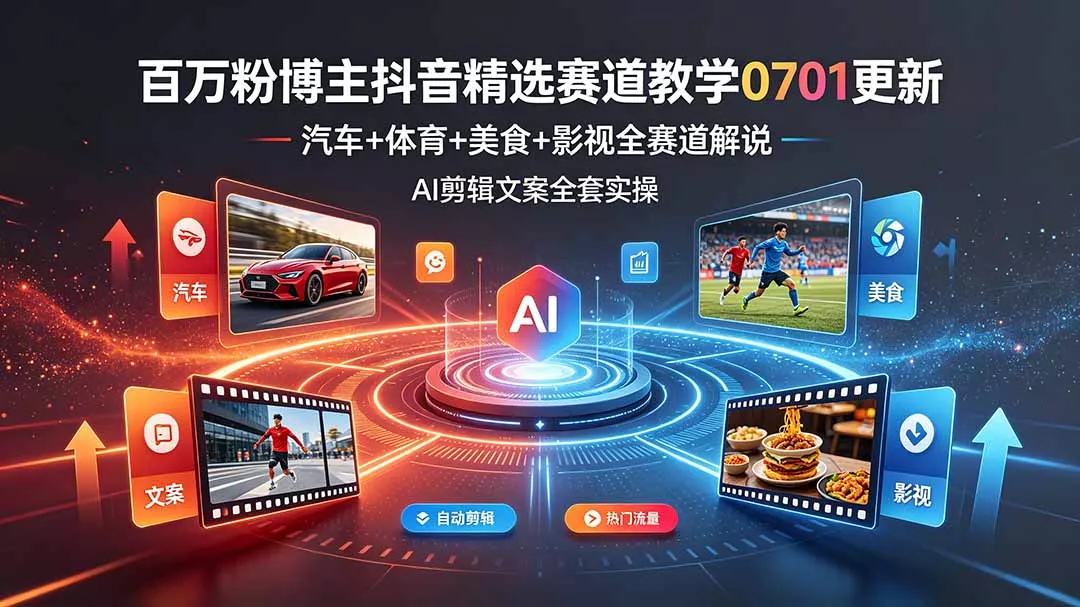 百万粉博主抖音精选赛道教学-0701更新，汽车+体育+美食+影视全赛道解说，AI剪辑文案全套实操 - 轻创社