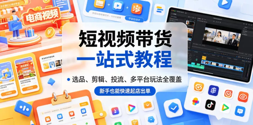 短视频带货一站式教程，选品、剪辑、投流、多平台玩法全覆盖，新手也能快速起店出单 - 轻创社